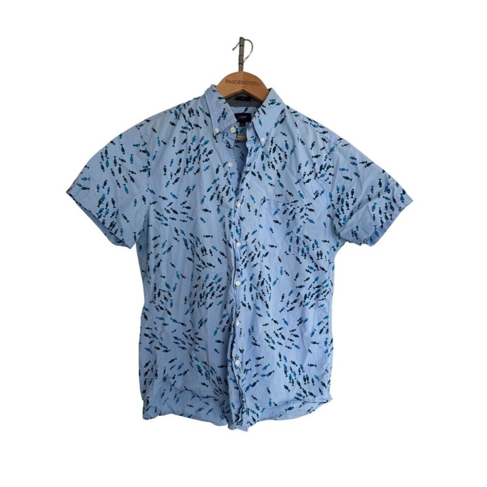 J Crew Men's LG Slim All Over Fish Print Short Sleeve Button Down Coastal Beach